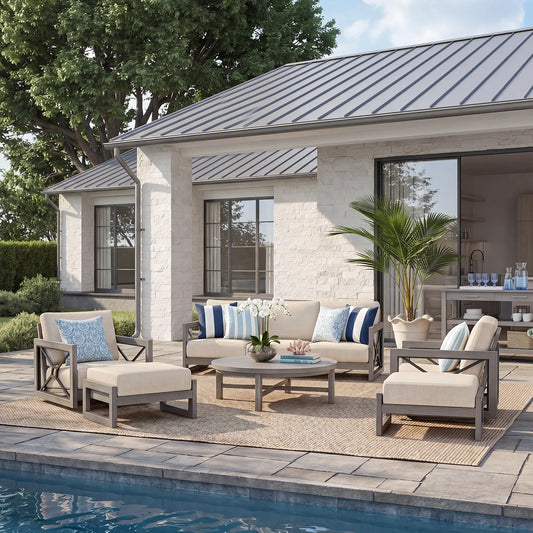 Outdoor patio set with cushions by a poolside house