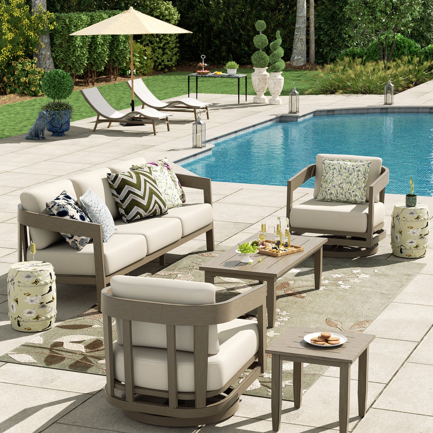 PEAKHOME Harmonti Patio 5-Piece Aluminum Swivel Conversation Sofa Set With Cushions