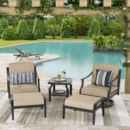 Outdoor patio set with swivel chairs, ottomans, and a table by a pool