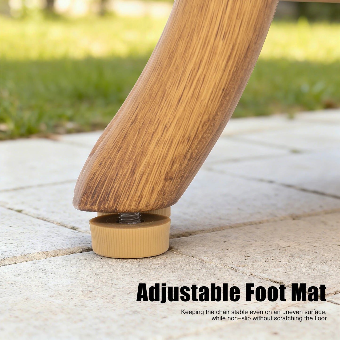 Wooden chair leg with adjustable foot mat on a wooden floor