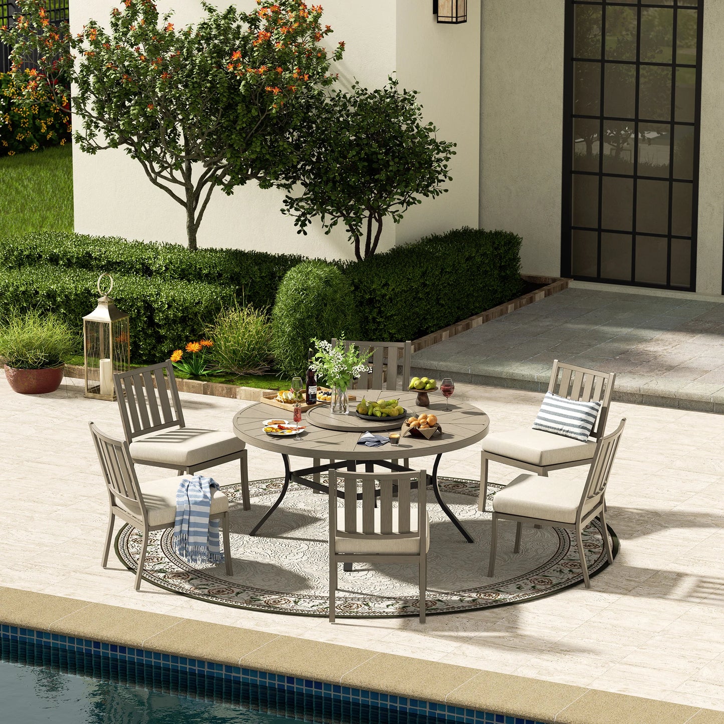 PEAKHOME AZUR 60'' ROUND TABLE WITH ARMLESS CHAIRS 7PCS SET