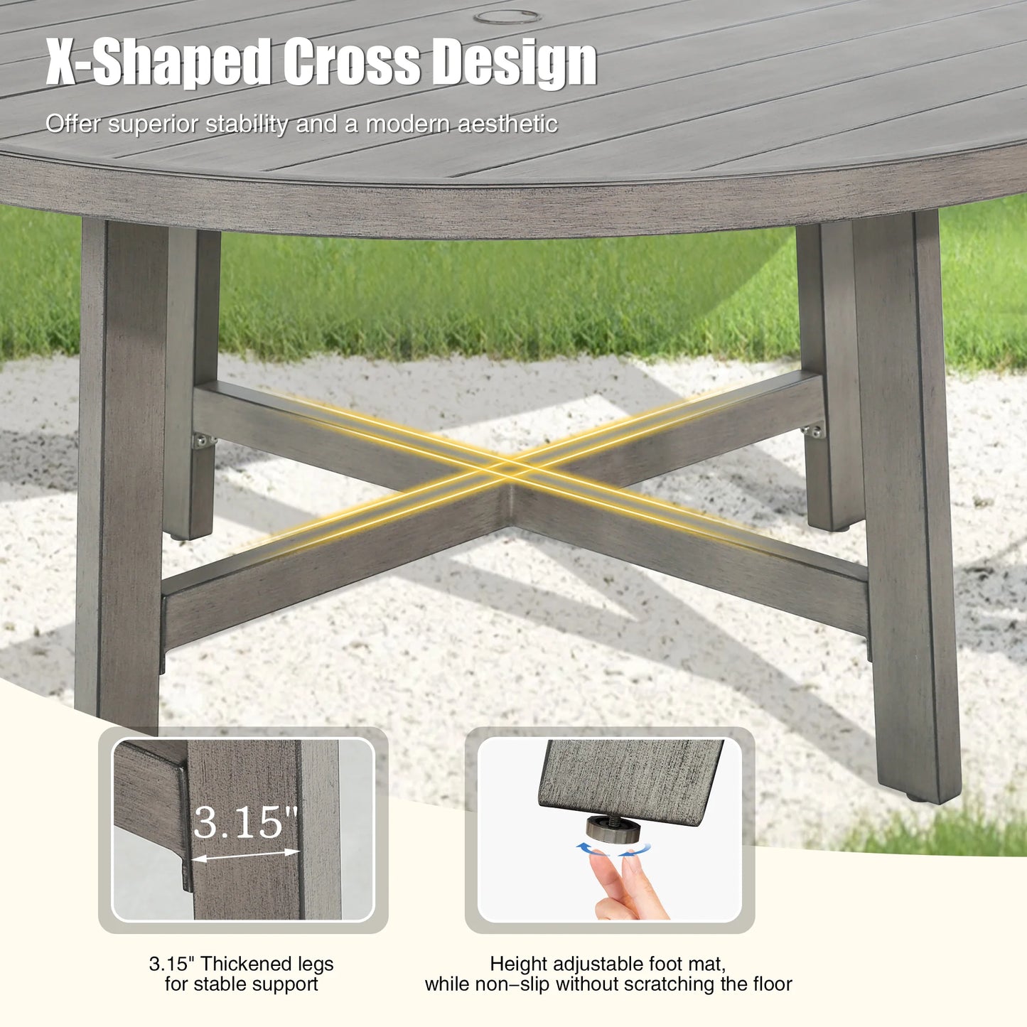 Outdoor table with crossed bar design for stability, shown on a gravel surface.