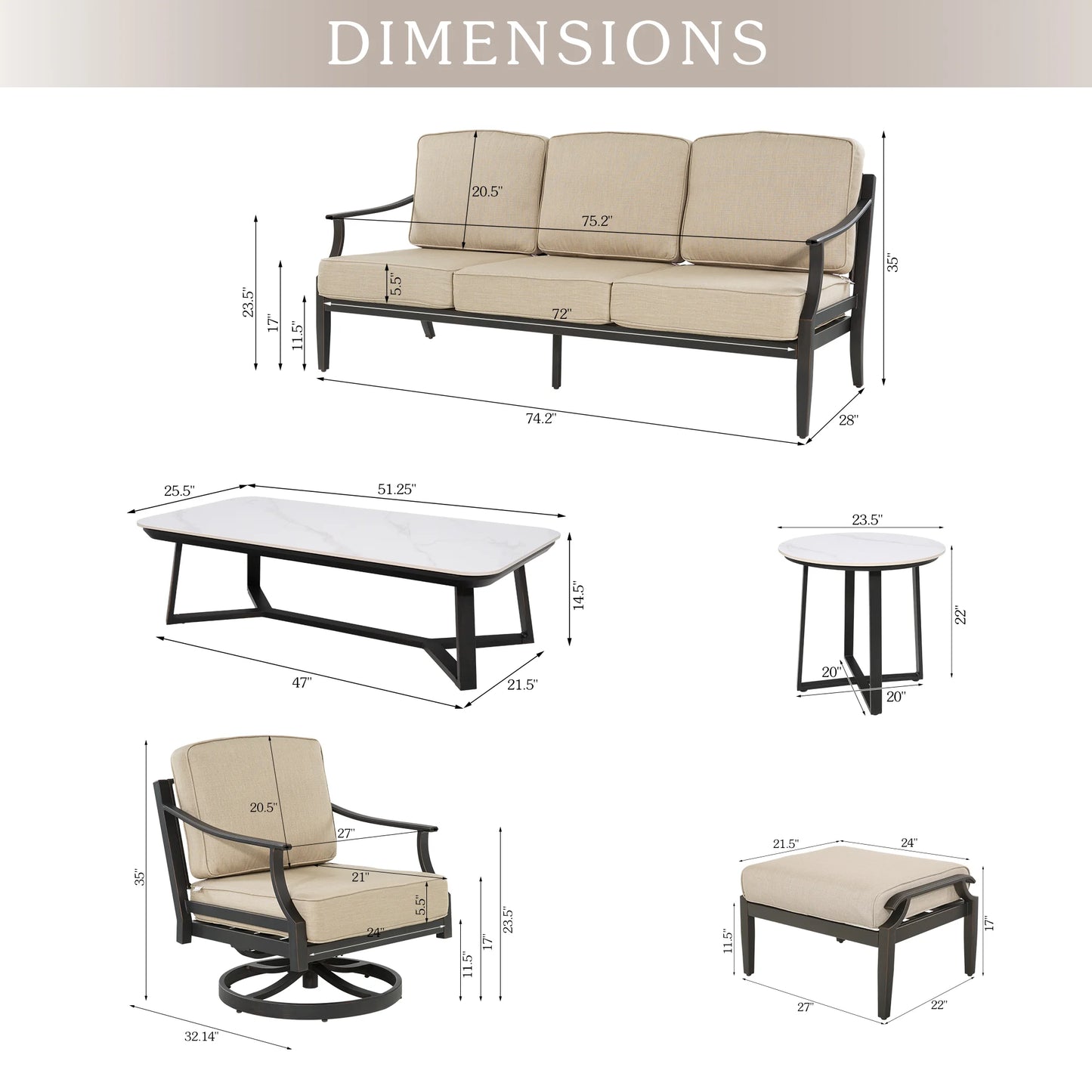 Tamarin 7-Pieces Conversation Sofa set with Sintered Stone Table