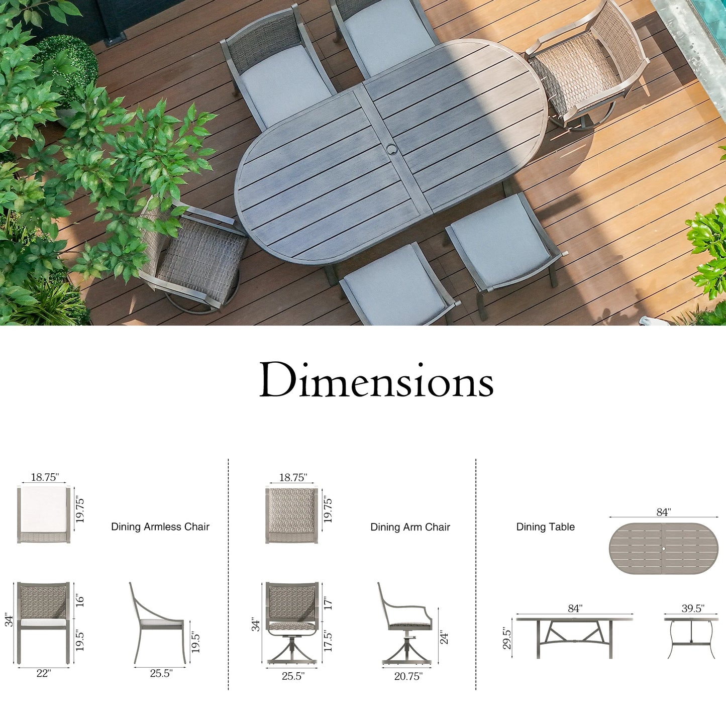 Outdoor furniture set with dimensions displayed