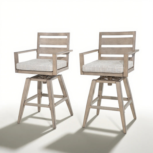 Two wooden bar stools with cushioned seats