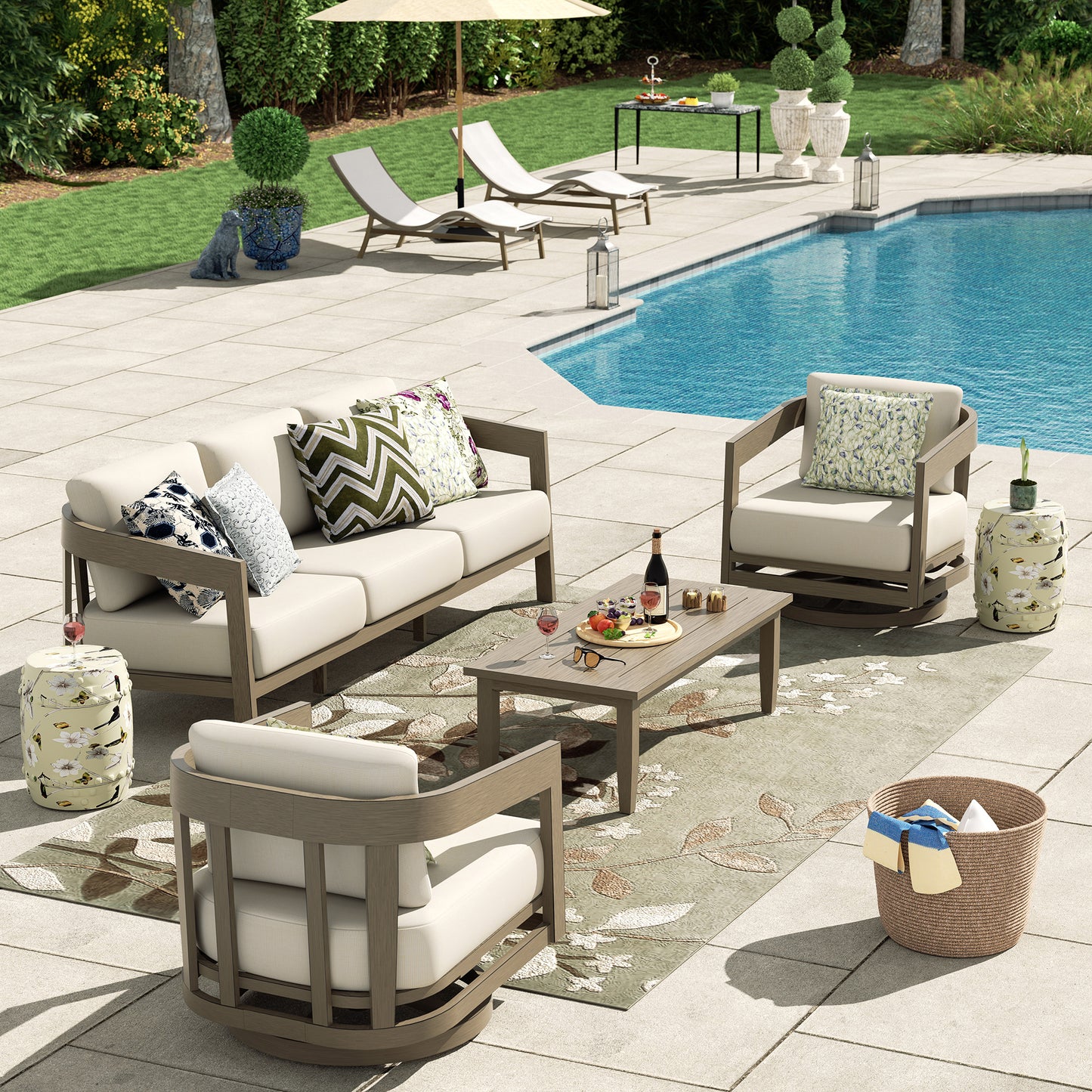 PEAKHOME Harmonti Patio 4-Piece Aluminum Swivel Conversation Sofa Set With Cushions
