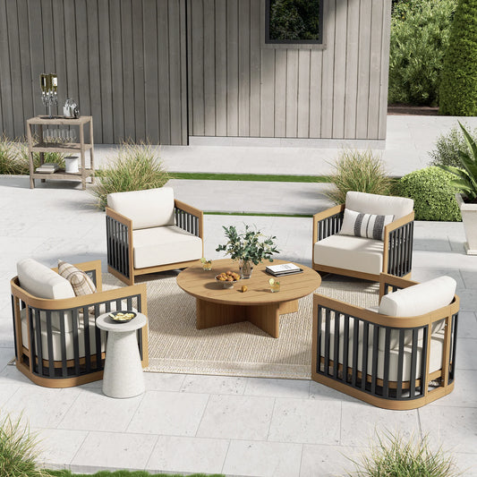 Outdoor patio set with wooden chairs and table on a patio