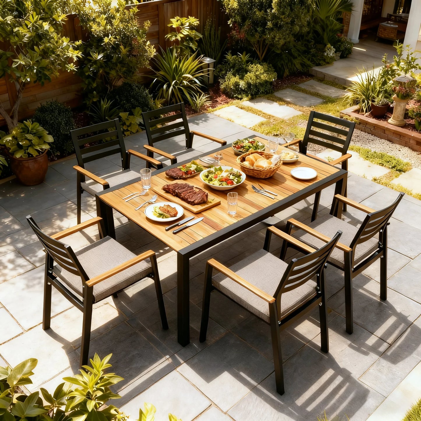 Nuova Patio Rectangular Aluminum / Teak Wood Dining Table