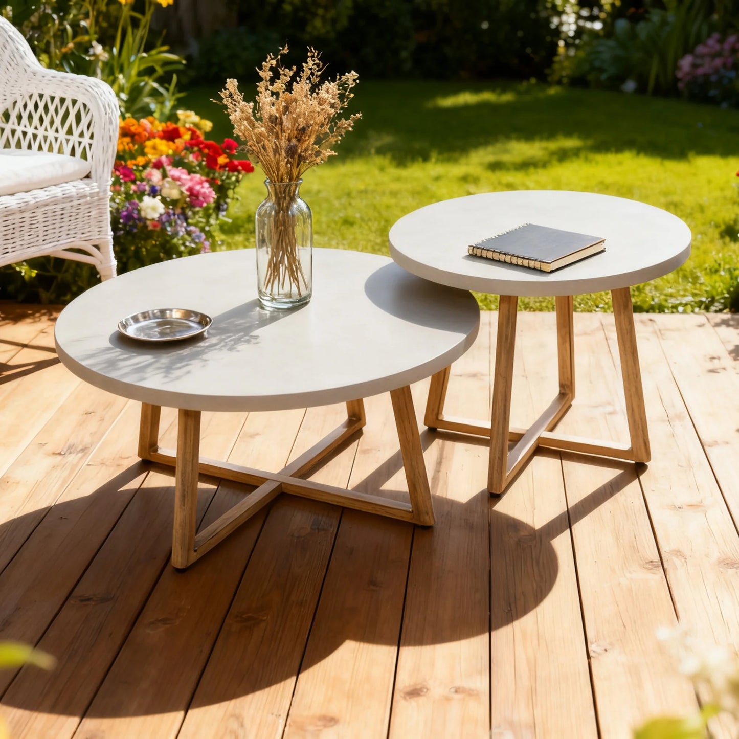 Two round outdoor tables with a vase of flowers and a book on a wooden deck.