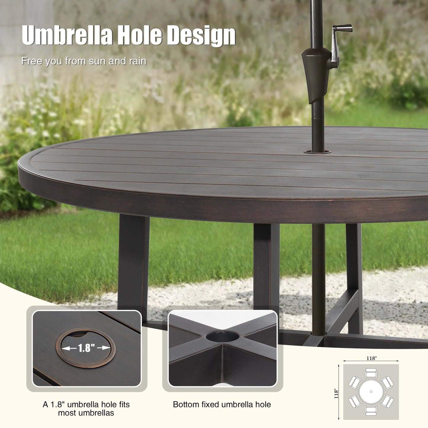 Round table with umbrella hole design in an outdoor setting