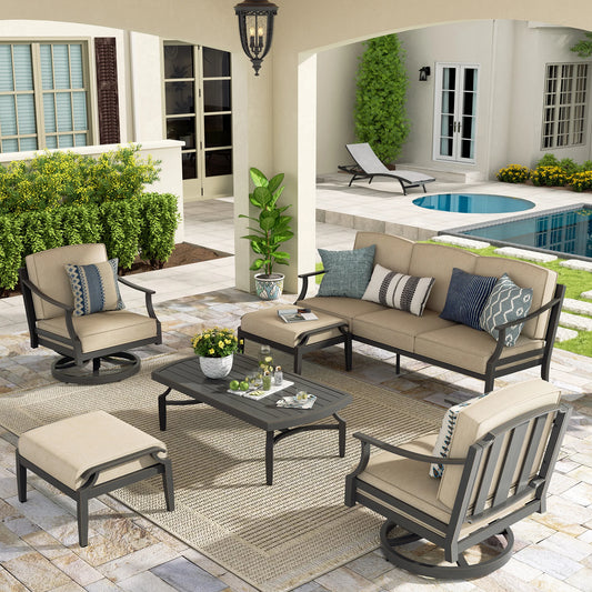Outdoor patio set with furniture and decor in a backyard setting.