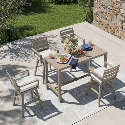 Outdoor Bar Height Patio Dining Set | Aluminum Counter Height Table + 4 Swivel Bar Chairs with Cushions, Weather Resistant Teak Look High Top Dining Set