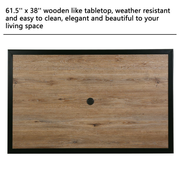 Patio Outdoor 61.5" Rectangular Dining Table, Metal Frame & Wood-Like Tabletop with 1.57” Umbrella Hole for 6 Person