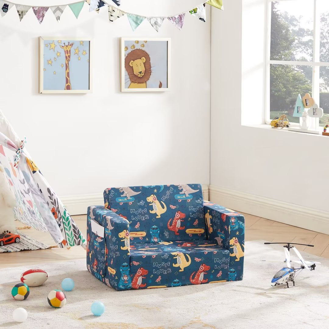 Convertible Kids Chair 2-in-1 Flip Open Kids Couch/Sleeper (Blue Dinosaur)