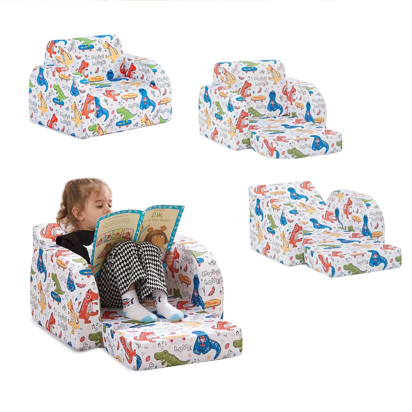 3-in-1 Convertible Kids Sofa Couch, Children Flip-Out Chair Multifunctional Toddler Lounger, White
