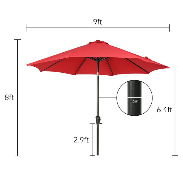 9 Ft Outdoor Tiltable Round Market Sunbrella Umbrella with Aluminum Pole and Crank, Jockey Red(Stand Not Included)