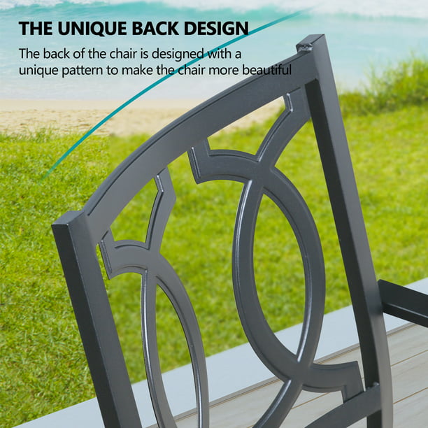 7 Pieces Patio Dining Set with 6 Steel Stackable Dining Chairs, Rectangular 66.75"L Woodiness Grains Dining Table with 1.57” Umbrella Hole