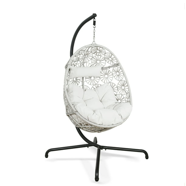 Outdoor Egg Chair Hanging Swing Chair with Stand Patio Wicker Tear Drop Hammock Chair with Cushion, Beige