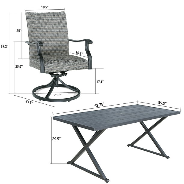7 Pieces Patio Dining Set with 6 Swivel Wicker Dining Chairs, Rectangular 67.75"L Woodiness Grains Dining Table with 1.57” Umbrella Hole