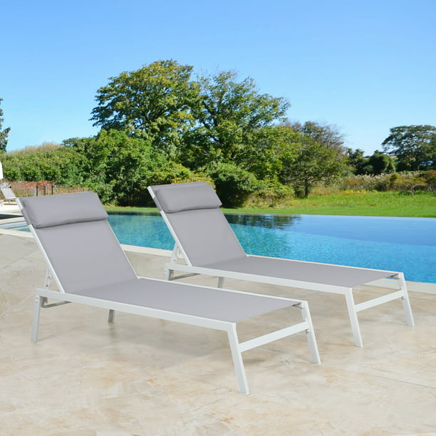 Outdoor Chaise Lounge Chairs Set of 2 All Weather Patio Beach Sling Lounger Pool Sunbathing Chairs with Headrest (Light Grey)