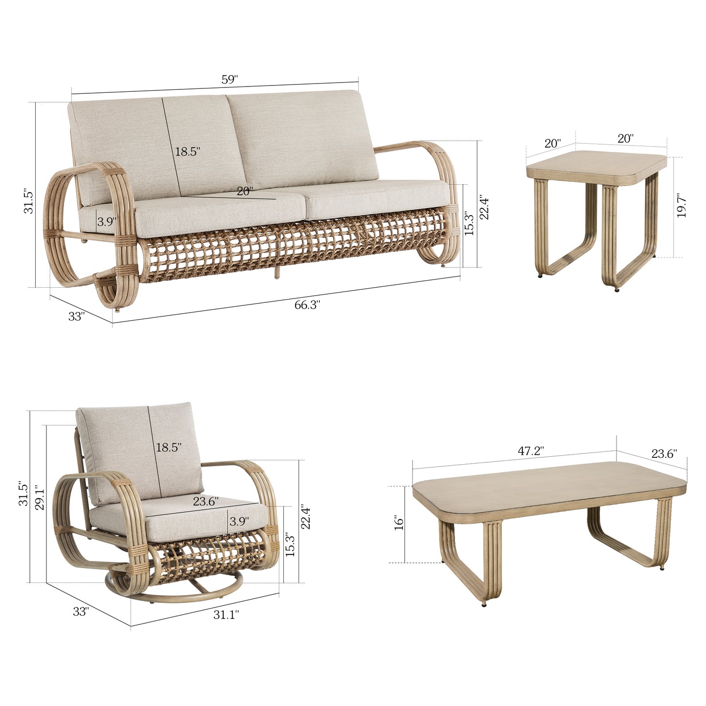Arsterie 5 Pieces Aluminum Patio Loveseat Set With Wicker Decoration