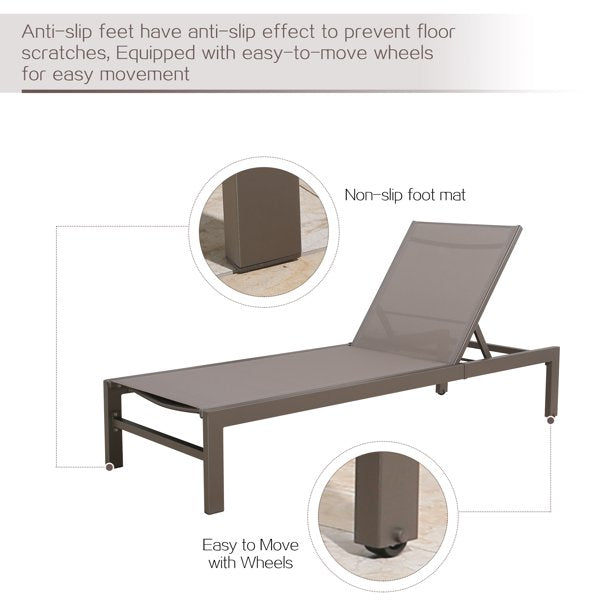 2 Pieces Outdoor Aluminum Chaise Lounge Chairs Patio Sling Sun Lounger Set Recliner with Wheels (Taupe)