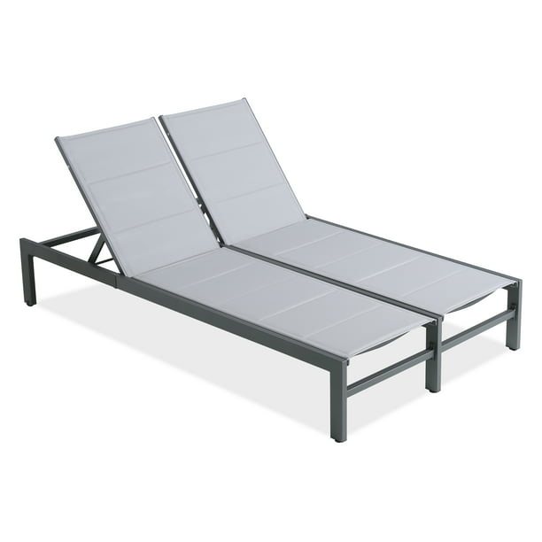 Patio Padded Aluminum Double Textilene Chaise Lounge Outdoor Adjustable Recliner Chairs with Wheels and Quick Dry Foam(Grey)