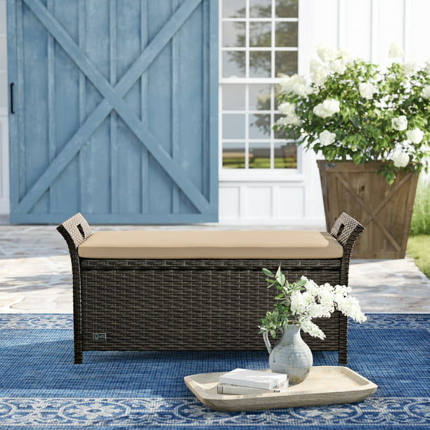 ULAX Outdoor Wicker Storage Bench with Cushion