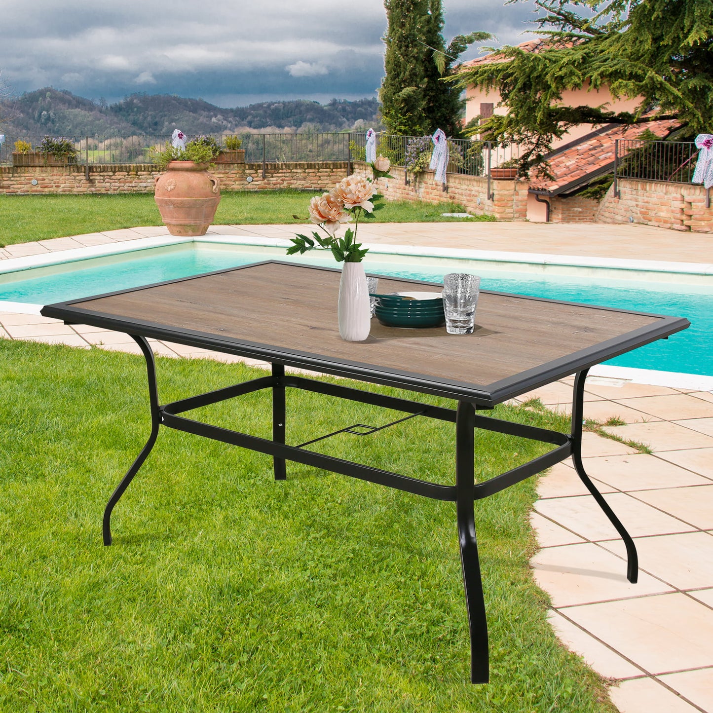 Patio Outdoor 61.5" Rectangular Dining Table, Metal Frame & Wood-Like Tabletop with 1.57” Umbrella Hole for 6 Person