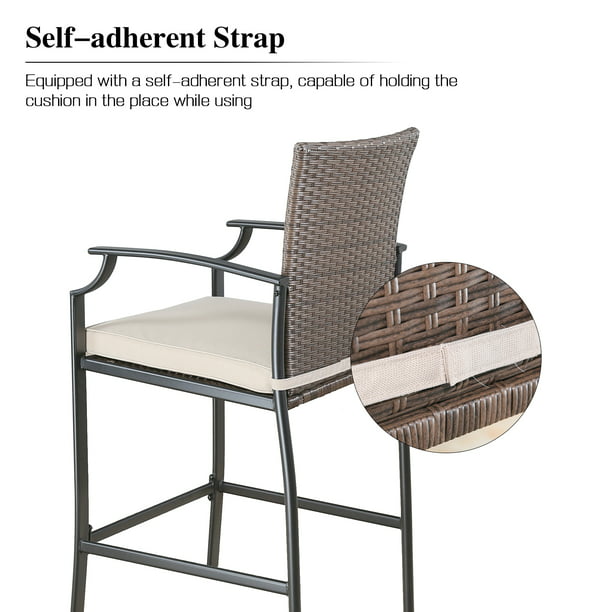 2 Pieces Patio Metal Bar Stools Outdoor Woven Wicker Height Bistro Chairs with Beige Seat Cushions