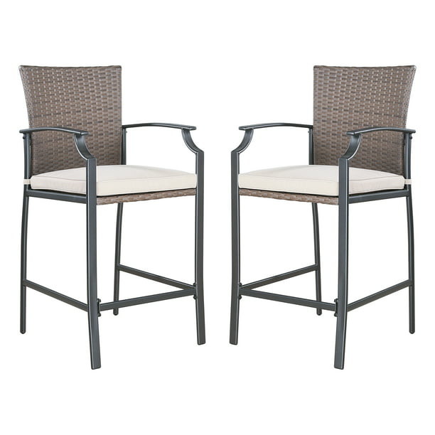 2 Pieces Patio Metal Bar Stools Outdoor Woven Wicker Height Bistro Chairs with Beige Seat Cushions