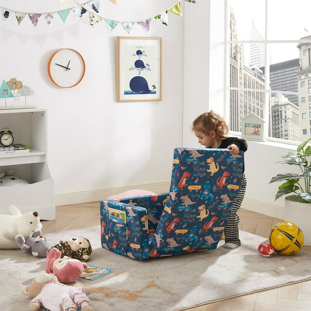Convertible Kids Chair 2-in-1 Flip Open Kids Couch/Sleeper (Blue Dinosaur)