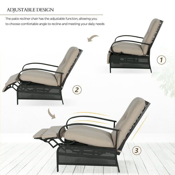 Patio Recliner Chair Automatic Adjustable Back Outdoor Lounge Recliner Chair with 100% Olefin Cushion (Sailcloth Beige)