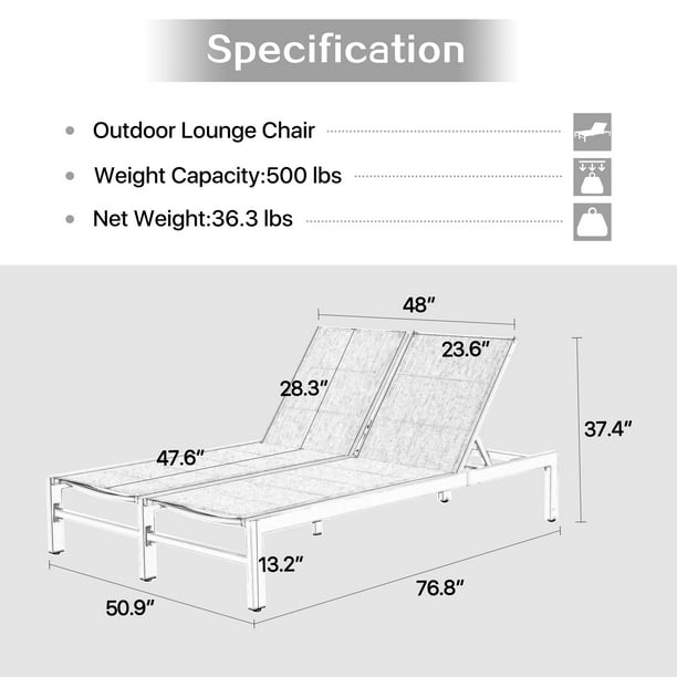Patio Padded Aluminum Double Textilene Chaise Lounge Outdoor Adjustable Recliner Chairs with Wheels and Quick Dry Foam(Grey)