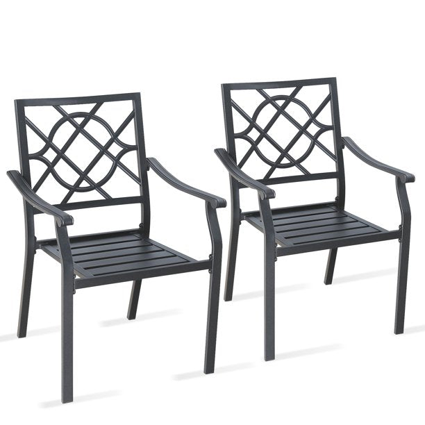 Patio Stacking Metal Dining Arm Chairs with Steel Slat Seat, Set of 2