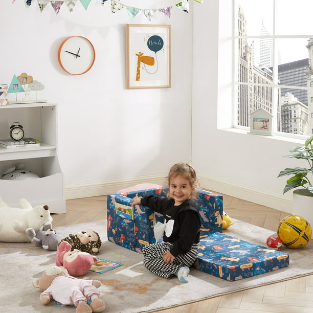 Convertible Kids Chair 2-in-1 Flip Open Kids Couch/Sleeper (Blue Dinosaur)