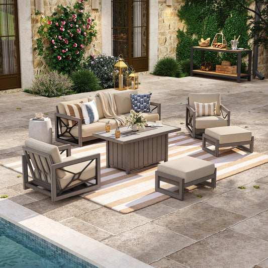 A poolside patio layout providing backyard gathering inspiration, showcasing the Marindo 6-piece wood-look aluminum seating set with beige Sunbrella cushions and a covered fire pit table during the day.