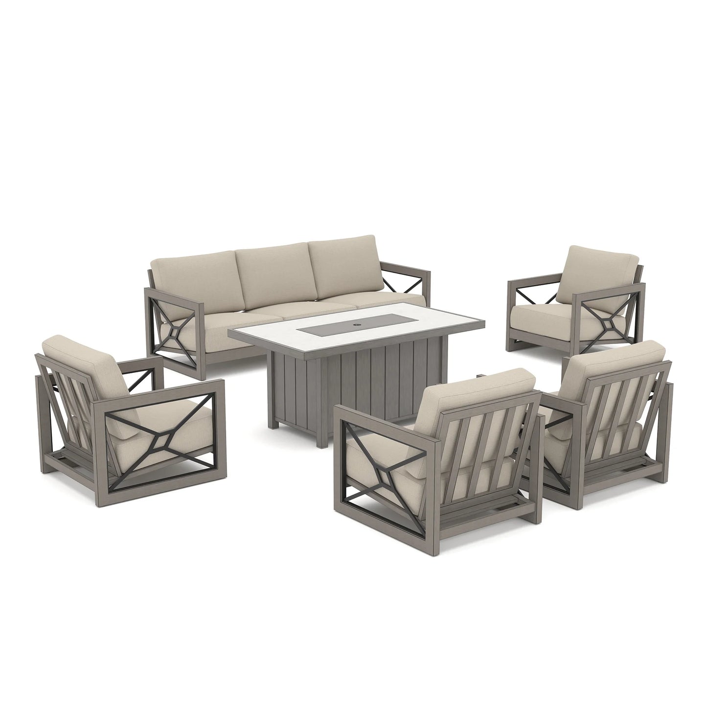 Studio view of the Marindo 6-piece large patio furniture set on a white background, showing a 3-seat sofa, four fixed club chairs with beige cushions, and a covered rectangular fire pit table.