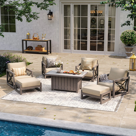 Bright daylight view of an open-air chat seating layout on a sunny terrace, highlighting four aluminum club chairs paired with two versatile upholstered footrests by a swimming pool.