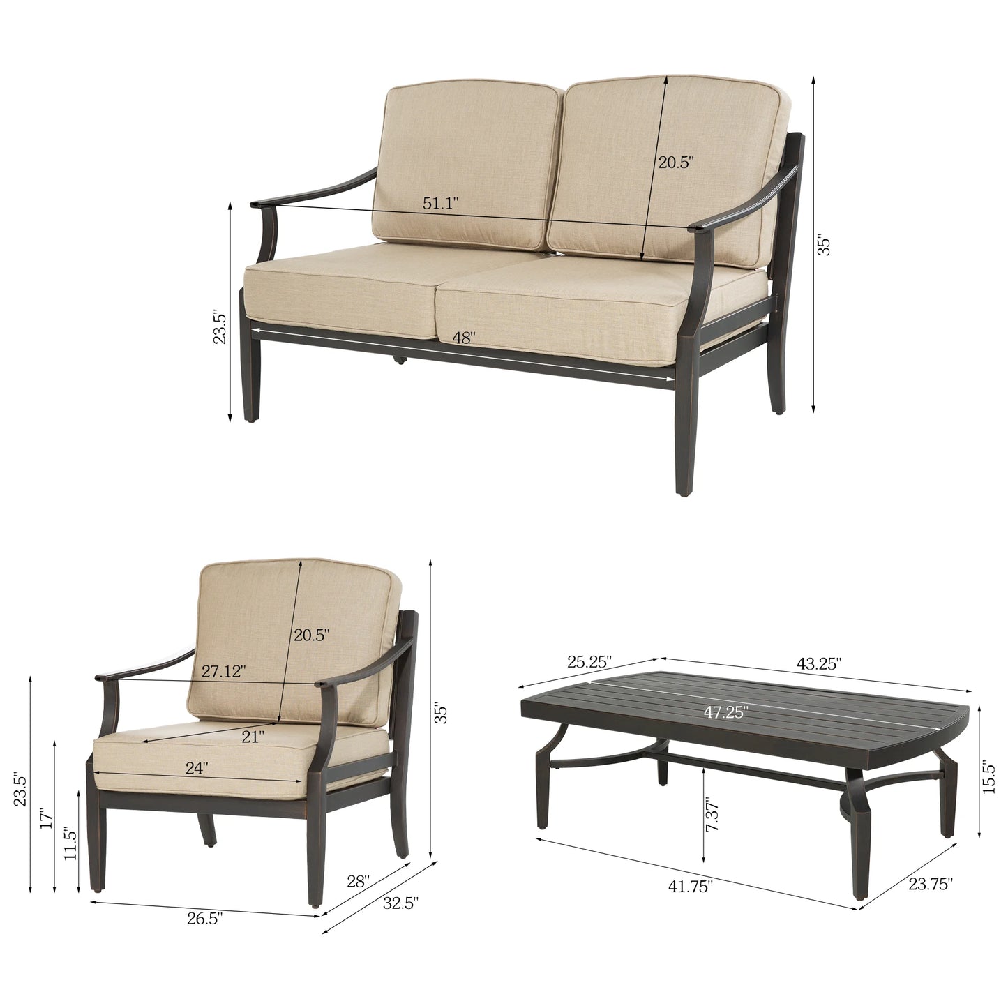 Tamarin 4 Pieces Outdoor Loveseat And Chair Set