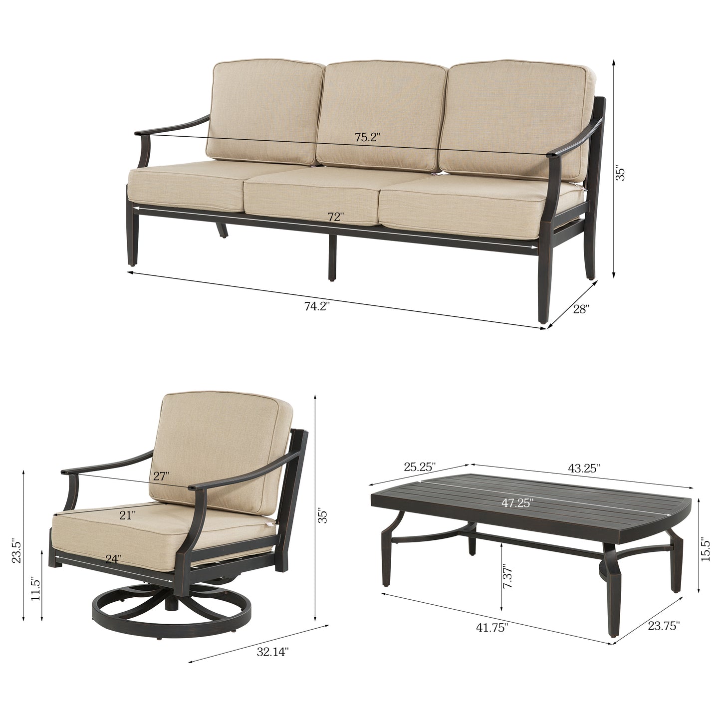 Tamarin 4 Pieces Aluminum Patio Conversation Set With Sunbrella® Cushions