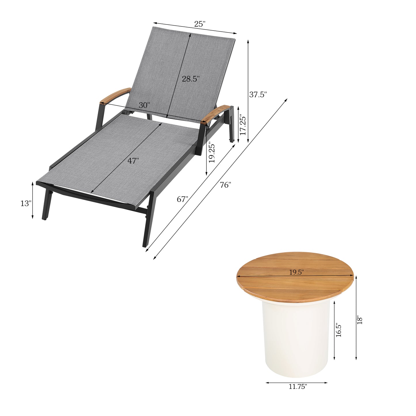 PEAKHOME-Canyon Patio Aluminum Chaise Lounge Set With Phifertex® Sling Fabric And Teak Side Table