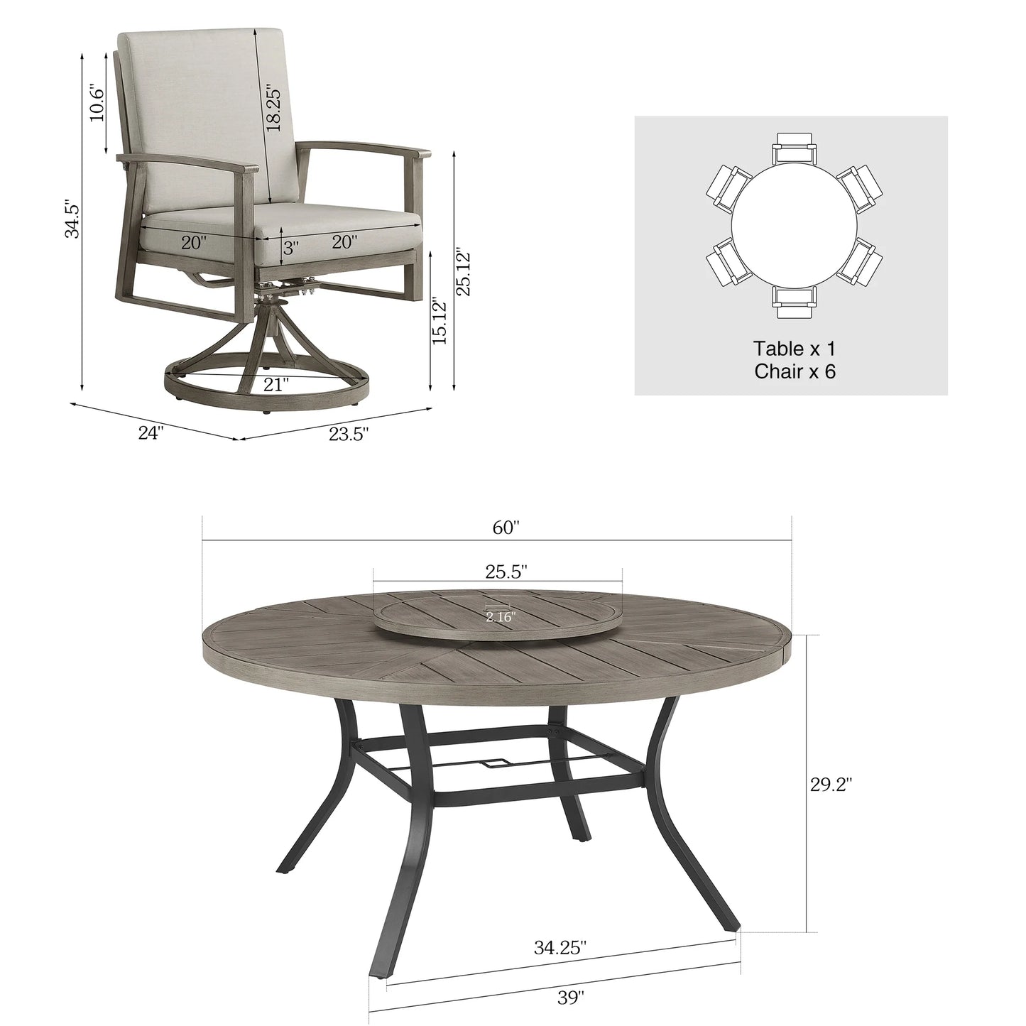 Peak Home Amario 7 Pieces Outdoor Dining Set with 60'' Round Table and Lazy Susan W/O Umbrella