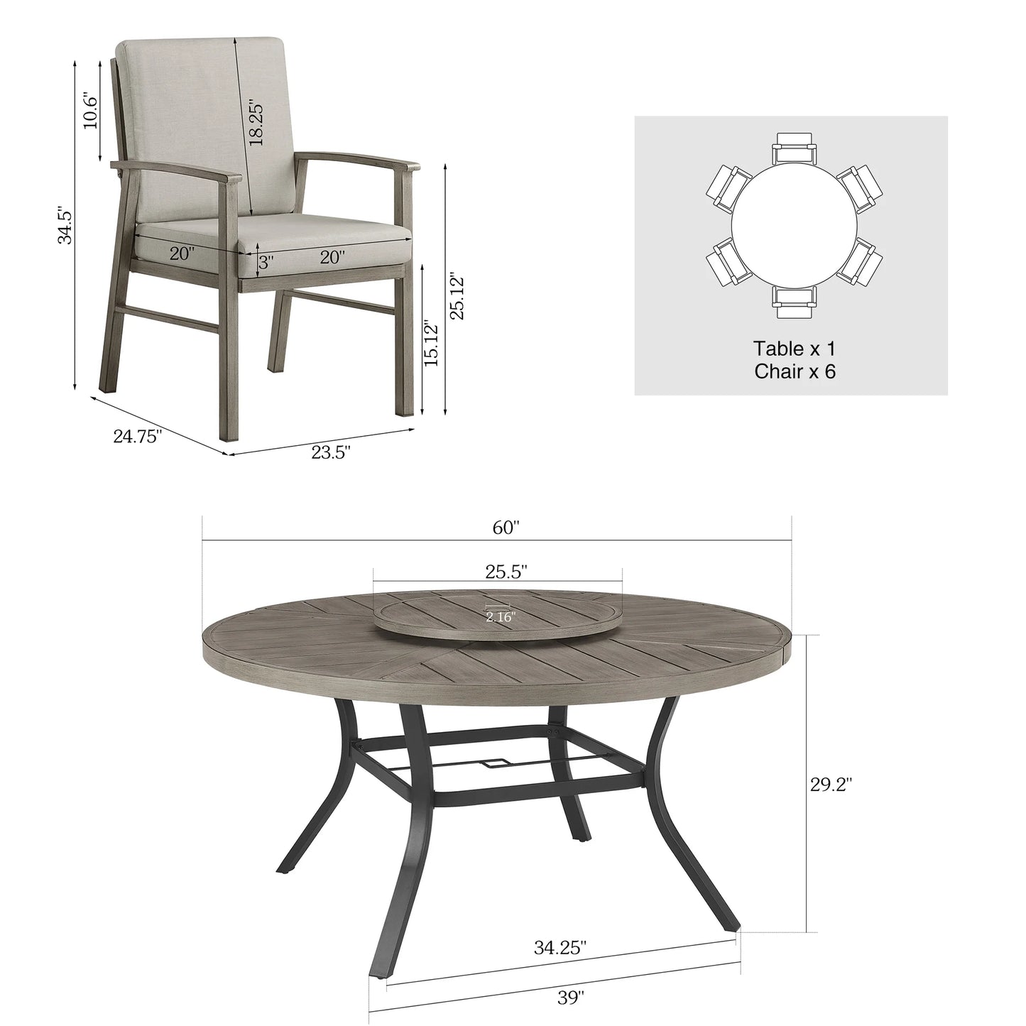Peak Home Amario 7 Pieces Outdoor Dining Set with 60'' Round Table and Lazy Susan W/O Umbrella
