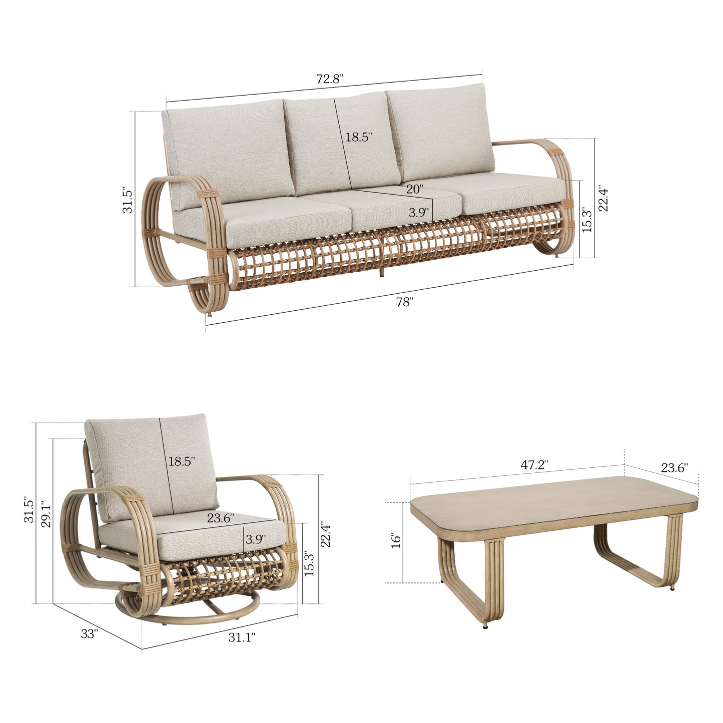 Arsterie 4 Pieces Aluminum Patio Conversation Sofa Sets With Wicker Decoration