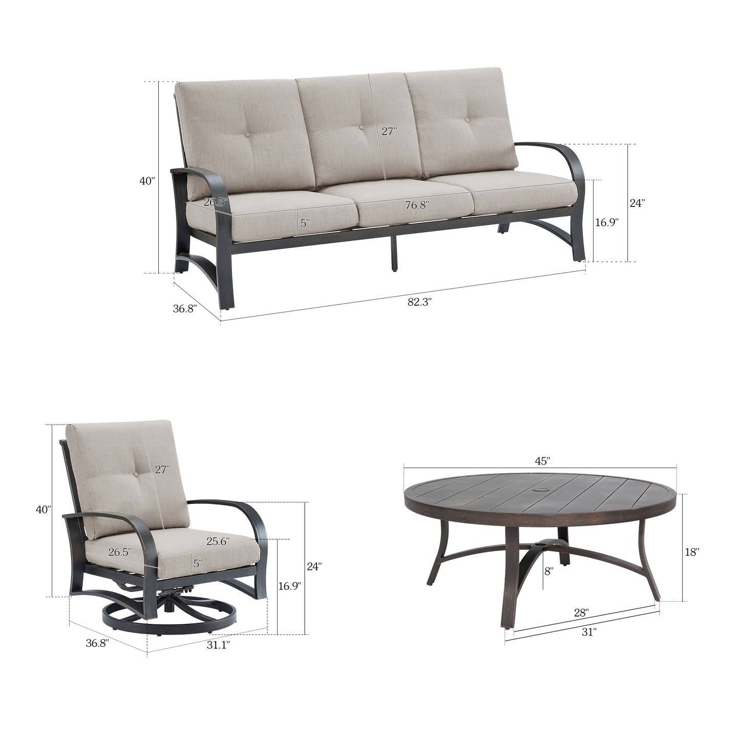 Chamber Aluminum 5 Seat Patio Conversation Sets With Sunbrella® Cushions