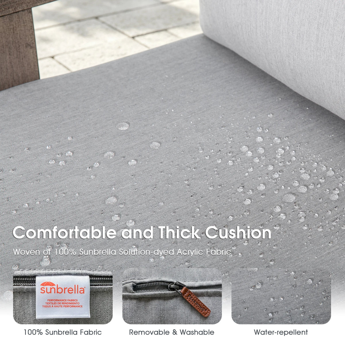 Graphic showing water drops beading on gray Sunbrella fabric with icons highlighting removable, washable, and weather-resistant features.