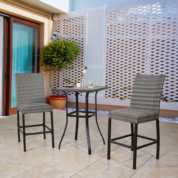 Patio Wicker Bar stools Outdoor Heavy-Duty Steel Frame Rattan Chairs with Quick Dry Foam Filling and Curved Backrest, Set of 2