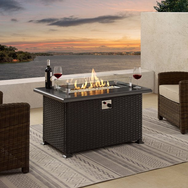 Outdoor Aluminum Fire Pit Table, 44 inch 50,000 BTU Auto-Ignition Propane Gas Fire Pit with Glass Wind Guard, Clear Glass Rock and Cover