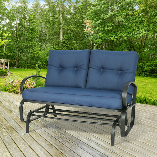 Patio Glider Bench Loveseat Outdoor Cushioed 2 Person Rocking Seating Patio Swing Chair, Navy